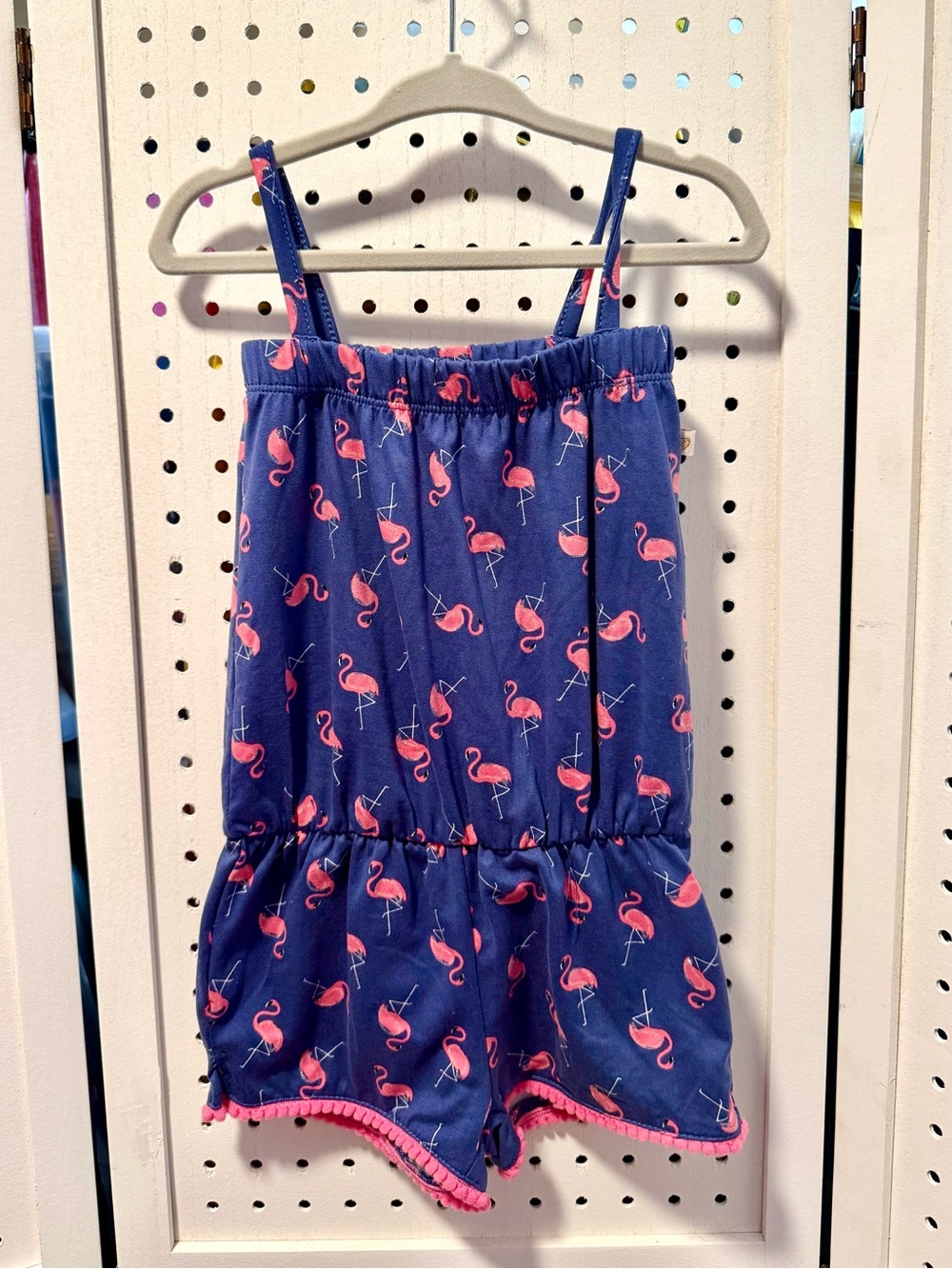 Love @ First Sight Girls 2T Flamingo Pom Romper - Blue/Pink Glitter